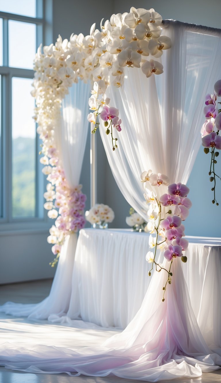 A wedding altar decorated with sheer white fabric and cascading pastel-colored orchids.